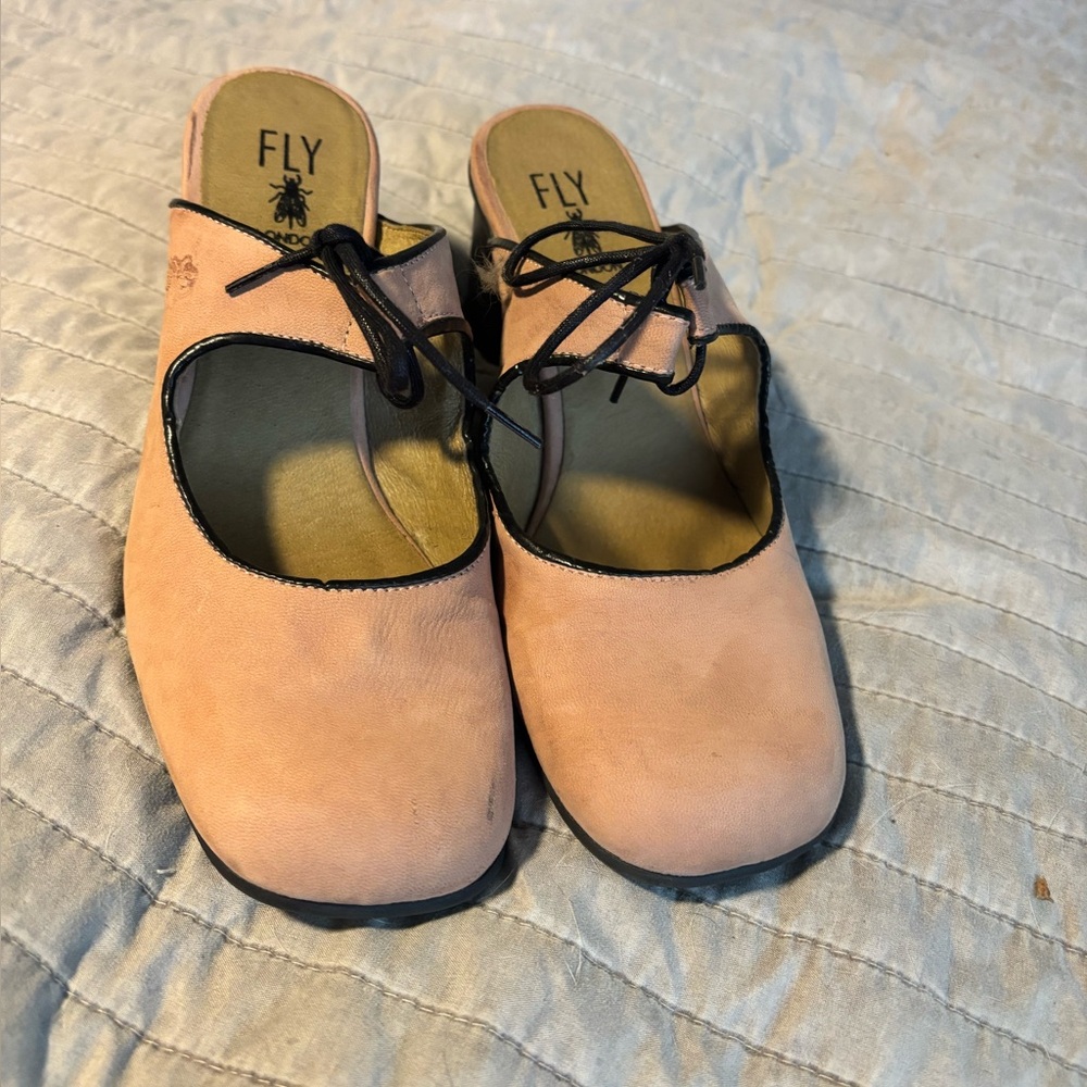 Fly London Pink Mules with Black Straps